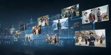Futuristic digital screens displaying diverse Asian content impacting US entertainment