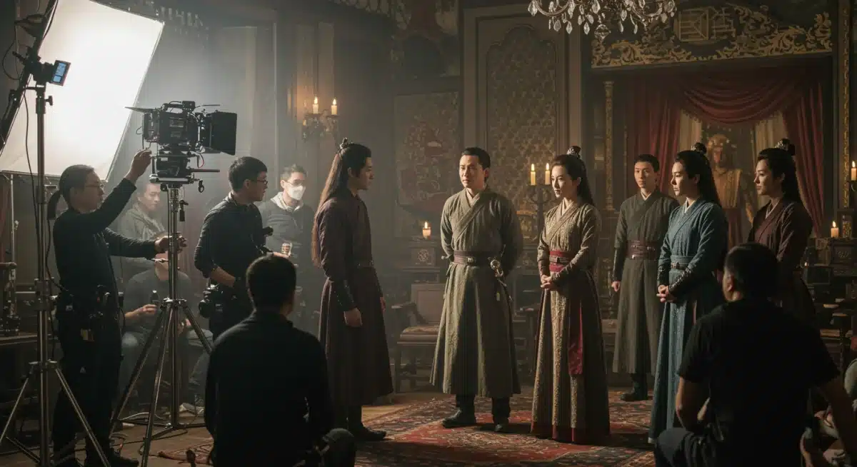 Behind-the-scenes look at the production of a popular 2025 C-drama, featuring director and actors on set.