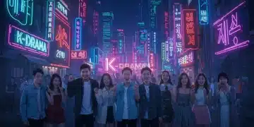 Futuristic cityscape with K-Drama logos and excited young fans anticipating new releases in 2025.