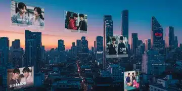 2025 K-Drama Landscape: New US Streaming Deals & Updates Futuristic cityscape with K-drama digital overlays and streaming platform logos, representing 2025 K-drama streaming landscape.