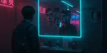 Intense psychological thriller scene with distorted reflections and dark tones.