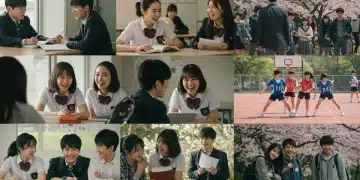 Diverse Asian students engaged in typical high school activities, representing the school drama genre's themes.