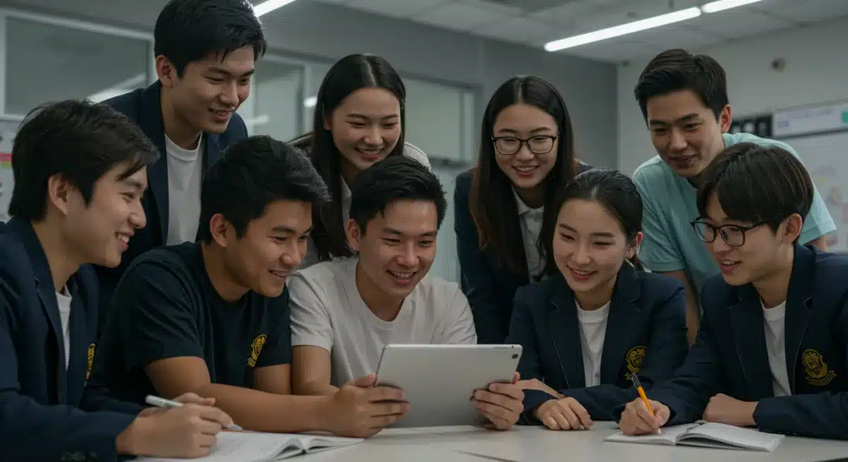 Asian students collaborating on a project in a modern classroom setting, reflecting themes of friendship and academic life.