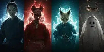 Diverse Asian supernatural beings depicted in a mystical, glowing landscape, representing various mythologies.