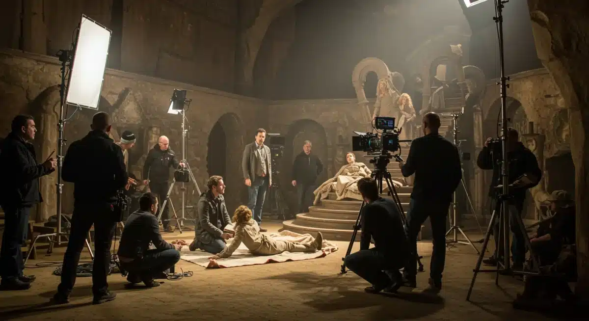 Behind-the-scenes look at 'Azure Skies' production, showcasing intricate set design and crew.