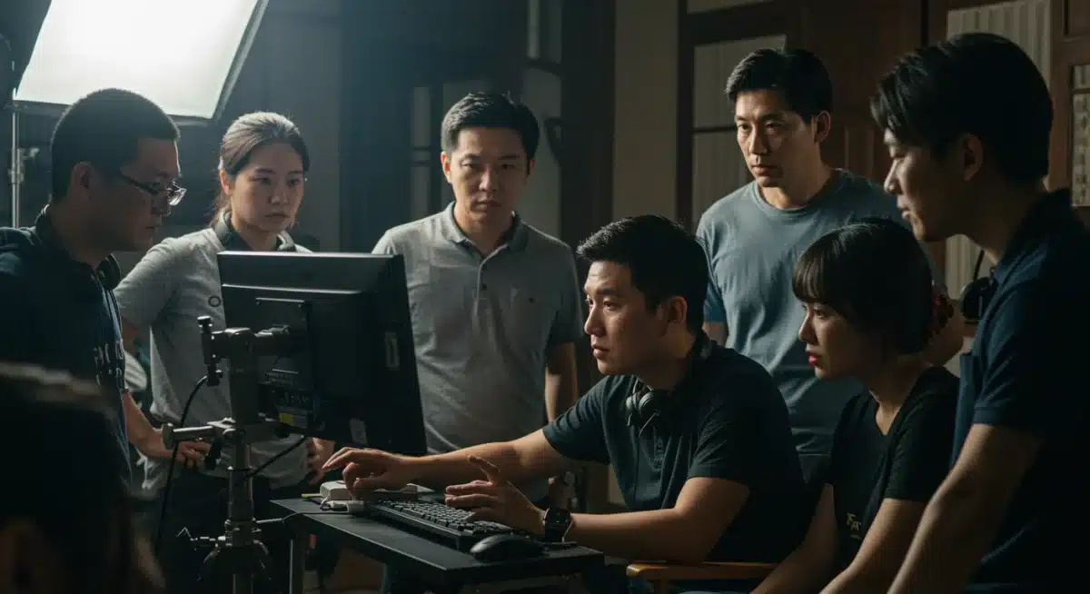 Director on set reviewing a scene with cast and crew during Asian drama production