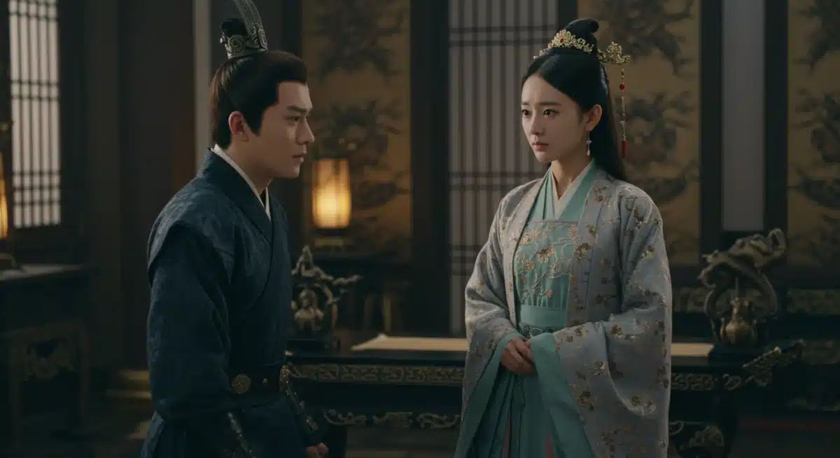 Elaborate costumes, historical Chinese drama, emotional scene, character dynamics