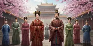Emperor and empress in traditional Chinese attire in a grand palace courtyard