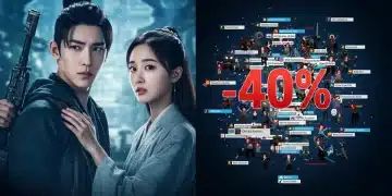 Split image of C-drama scene and online debate statistics