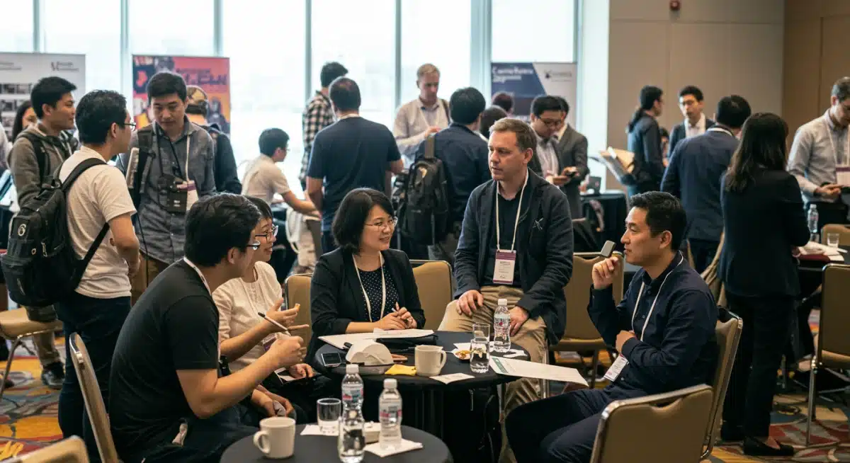 Industry professionals networking at an international content market event
