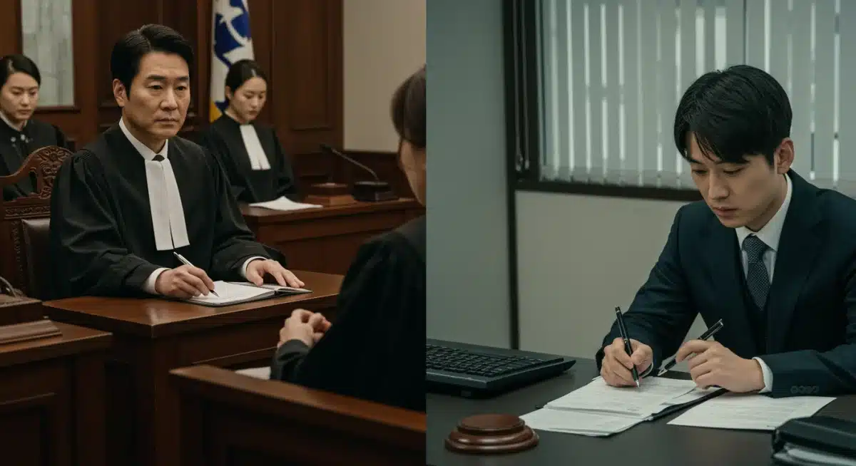 Korean courtroom drama with lawyers debating, alongside a Japanese lawyer meticulously researching documents in an office.