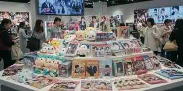 Diverse dorama merchandise display with fans browsing, indicating strong market interest and commercial success.