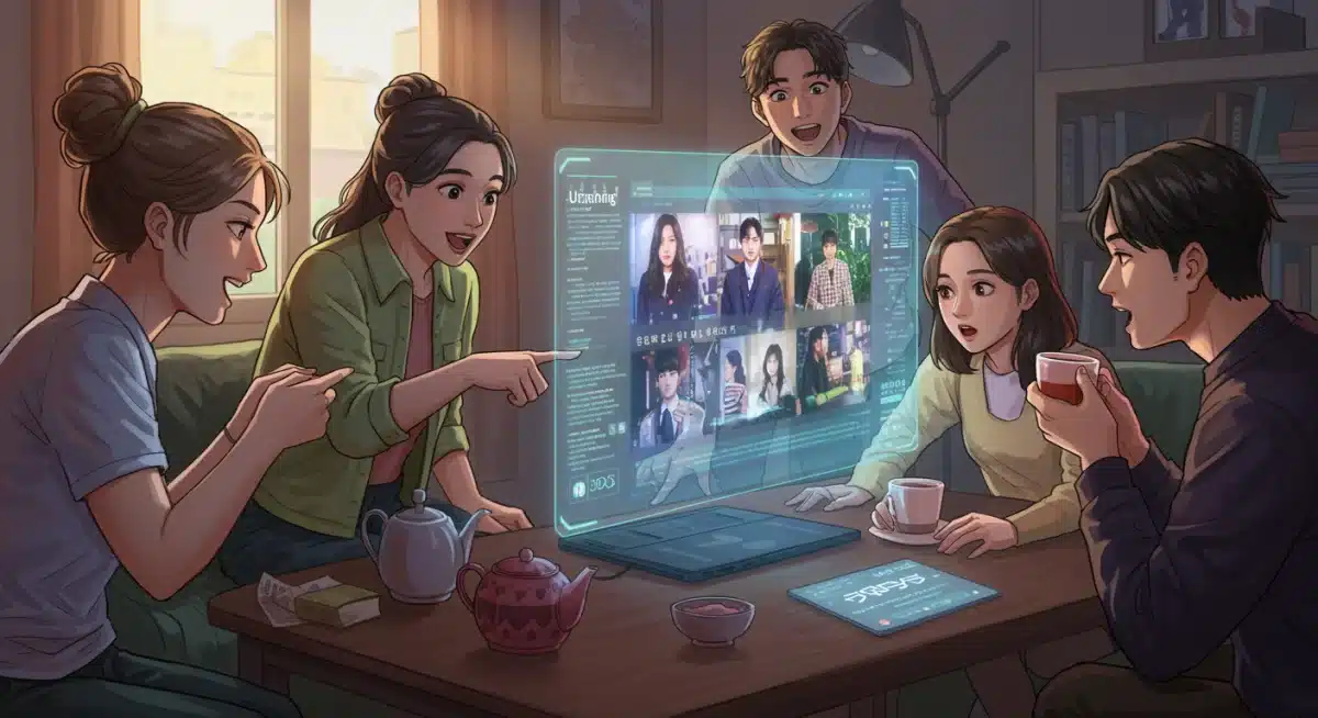 Fans excitedly discussing upcoming Asian dramas on a holographic screen, showcasing community engagement and anticipation.