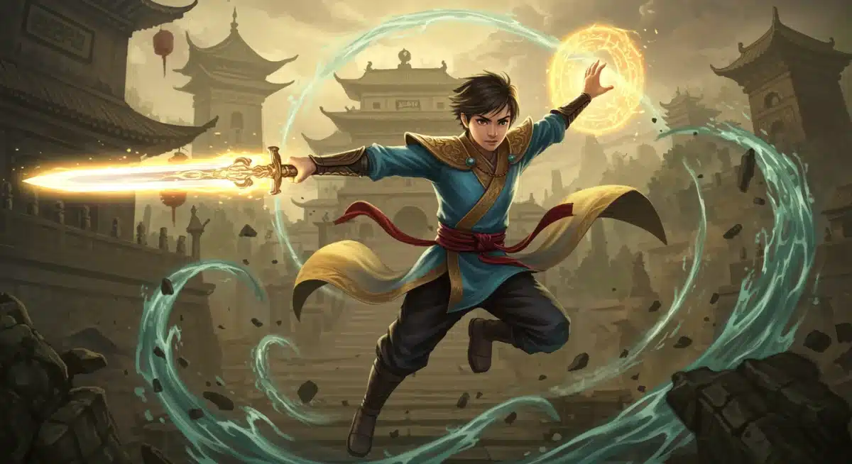 Dynamic Wuxia Xianxia combat scene with glowing sword