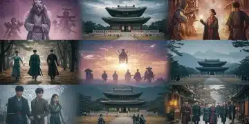 Dynamic collage of fantasy K-drama elements, showcasing mythical beings, historical palaces, modern cityscapes, and diverse characters with magical powers, symbolizing their global appeal.