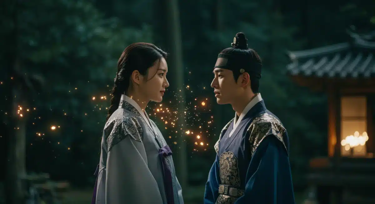 Still from fantasy K-drama with characters in traditional attire and magical forest effects.