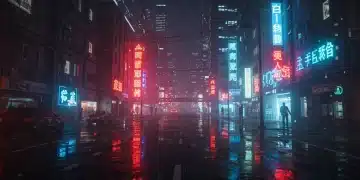 Futuristic cityscape with neon reflections, symbolizing advanced Asian sci-fi drama themes