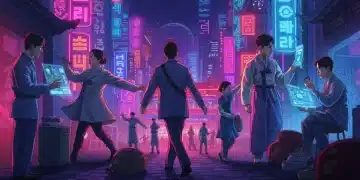 Futuristic K-drama landscape with neon lights and character silhouettes