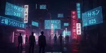 Futuristic Tokyo cityscape with advanced holographic projections representing J-Drama innovation in 2025.