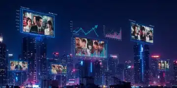 Futuristic urban landscape with dorama market growth projections.