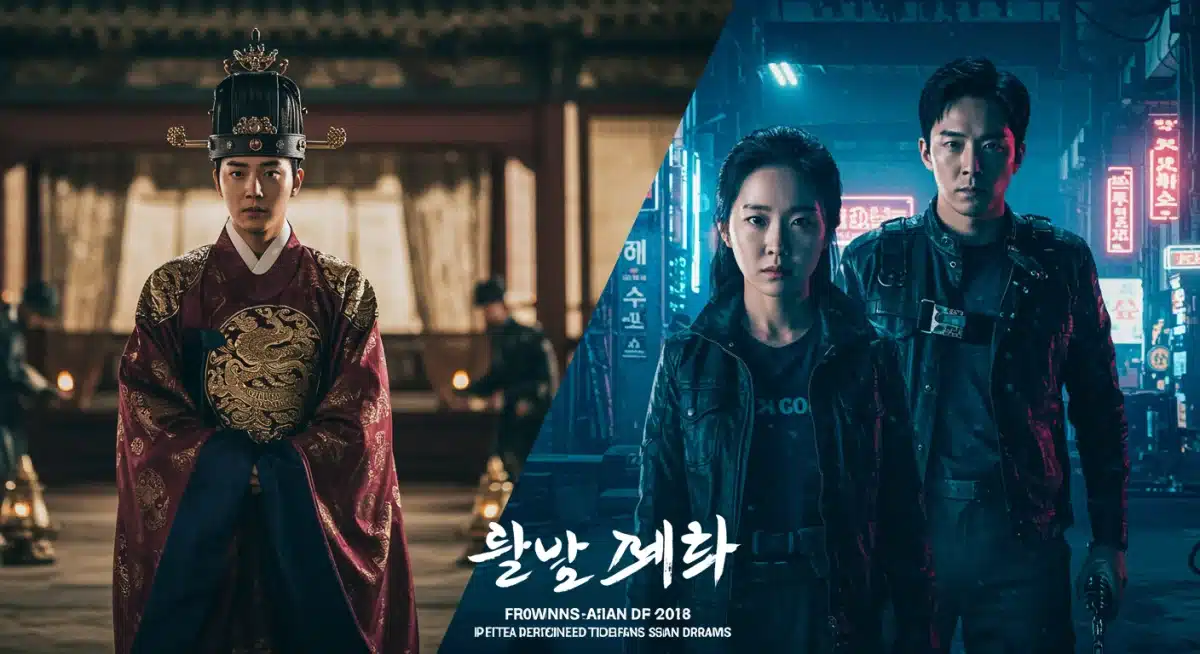 Historical drama juxtaposed with futuristic sci-fi drama, symbolizing genre innovation.