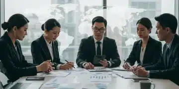 Business professionals discussing global investment in Asian drama co-productions