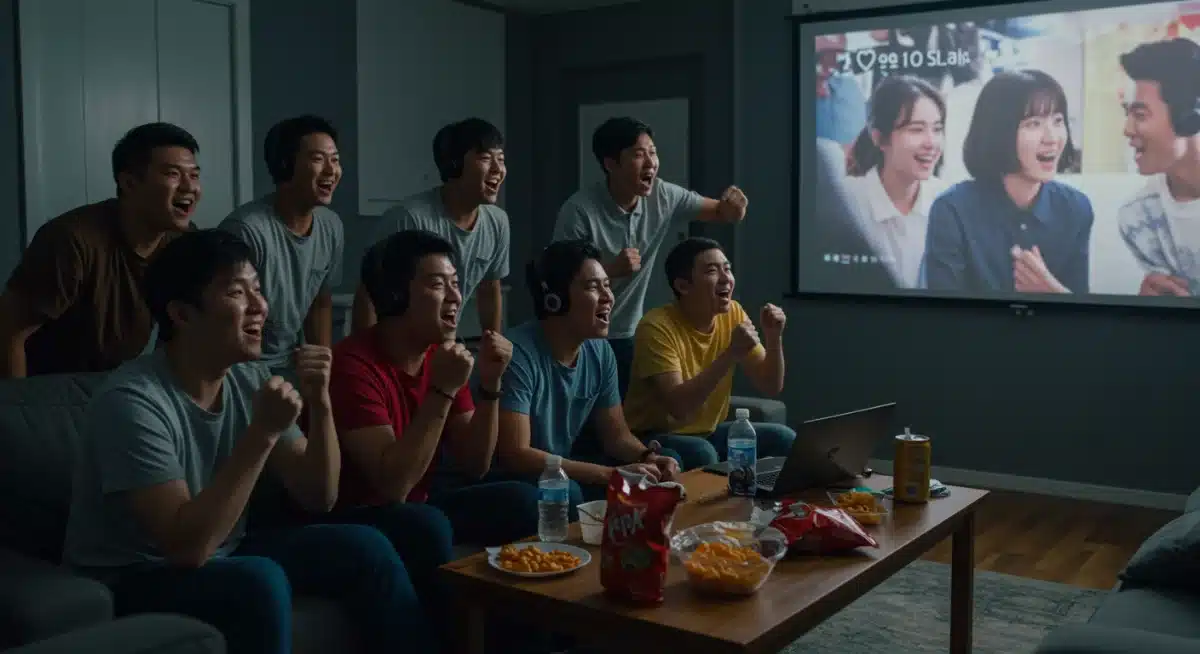 Diverse fans engaged in communal K-drama watching, demonstrating global appeal