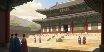Grand Korean palace with figures in traditional Hanbok, representing historical K-dramas