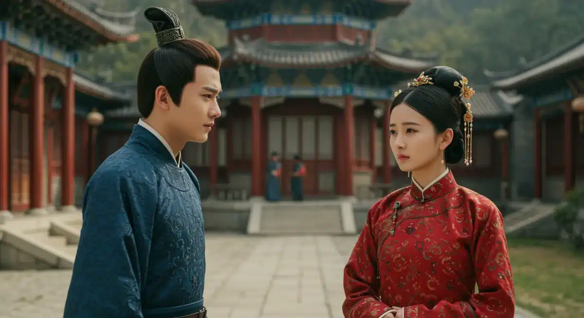 Scene from a historical Chinese drama, depicting two characters in ancient attire.