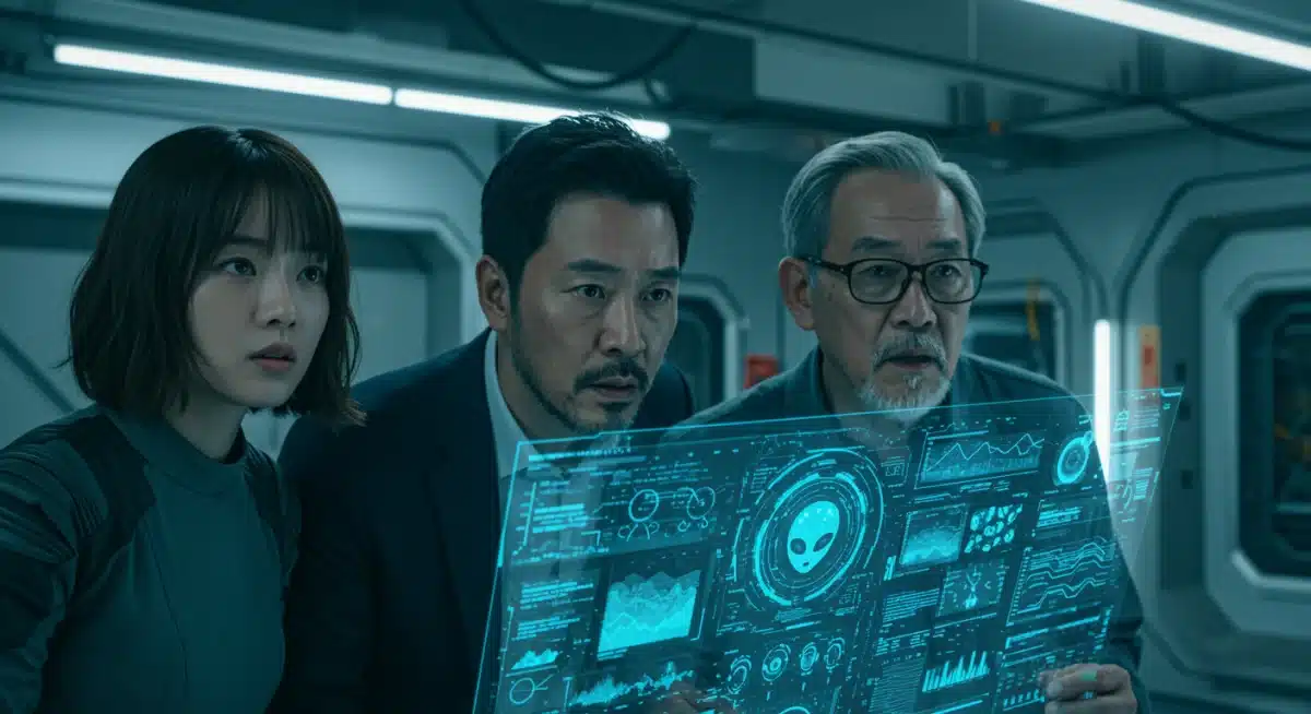 Characters interacting with holographic technology in a sci-fi Asian drama scene