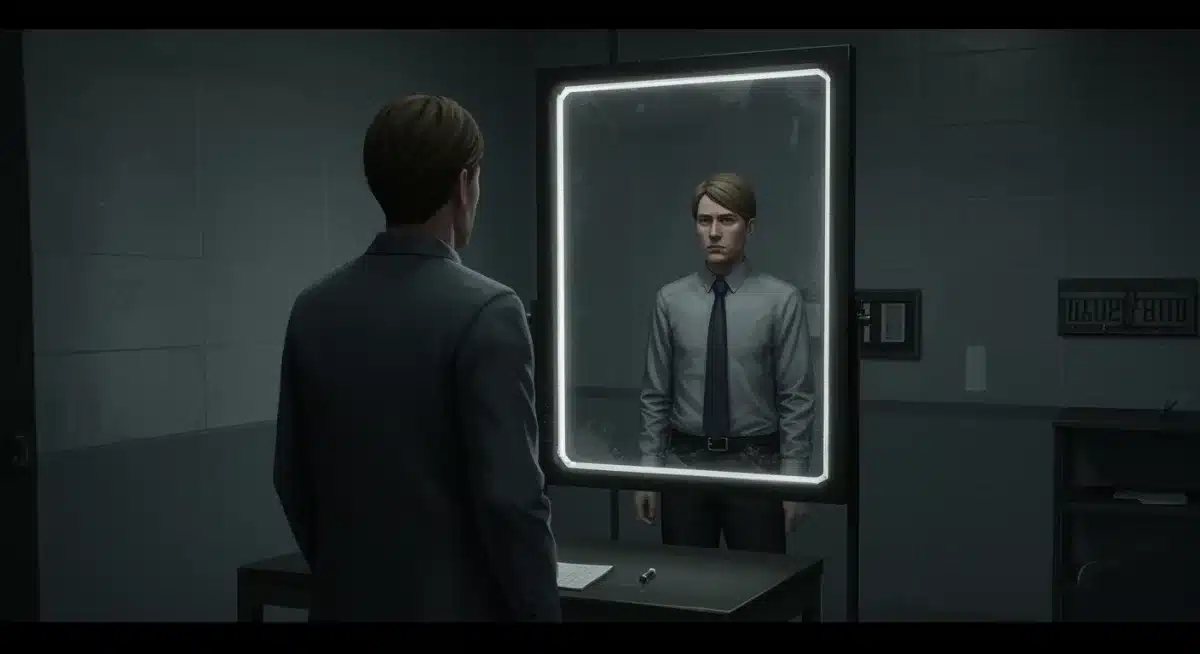 Protagonist in a dimly lit interrogation room, contemplating a complex psychological mystery.