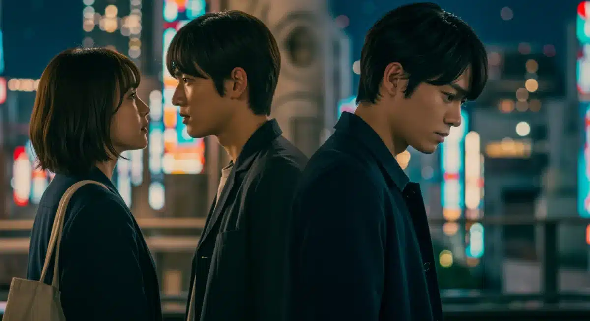 Emotional scene from a classic Japanese drama, depicting character depth and urban setting.
