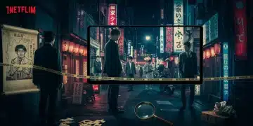 Intriguing J-Drama mystery scene with shadowy figures and intricate clues on a streaming screen