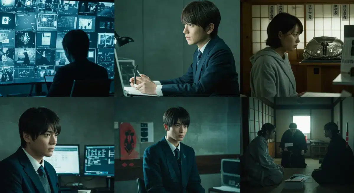 Diverse J-Drama mystery tropes montage showcasing detectives, secrets, and suspenseful settings