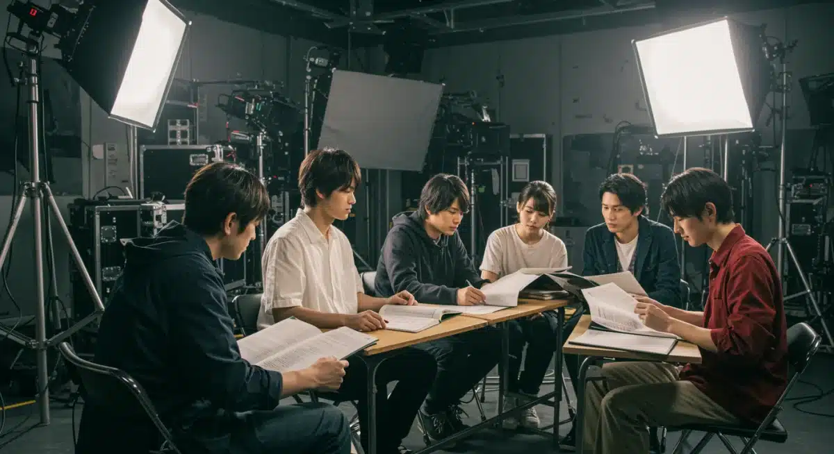 Actors in a script reading session, symbolizing the collaborative effort behind new J-Drama productions.