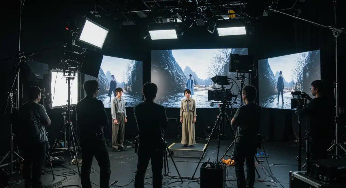 Behind-the-scenes J-Drama set with virtual production technology and crew.
