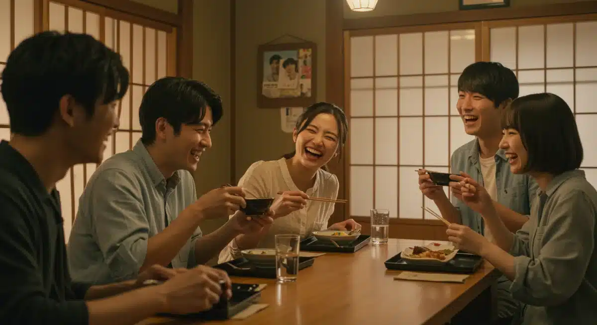 Friends enjoying a meal together in a Japanese cafe, symbolizing community in J-Dramas