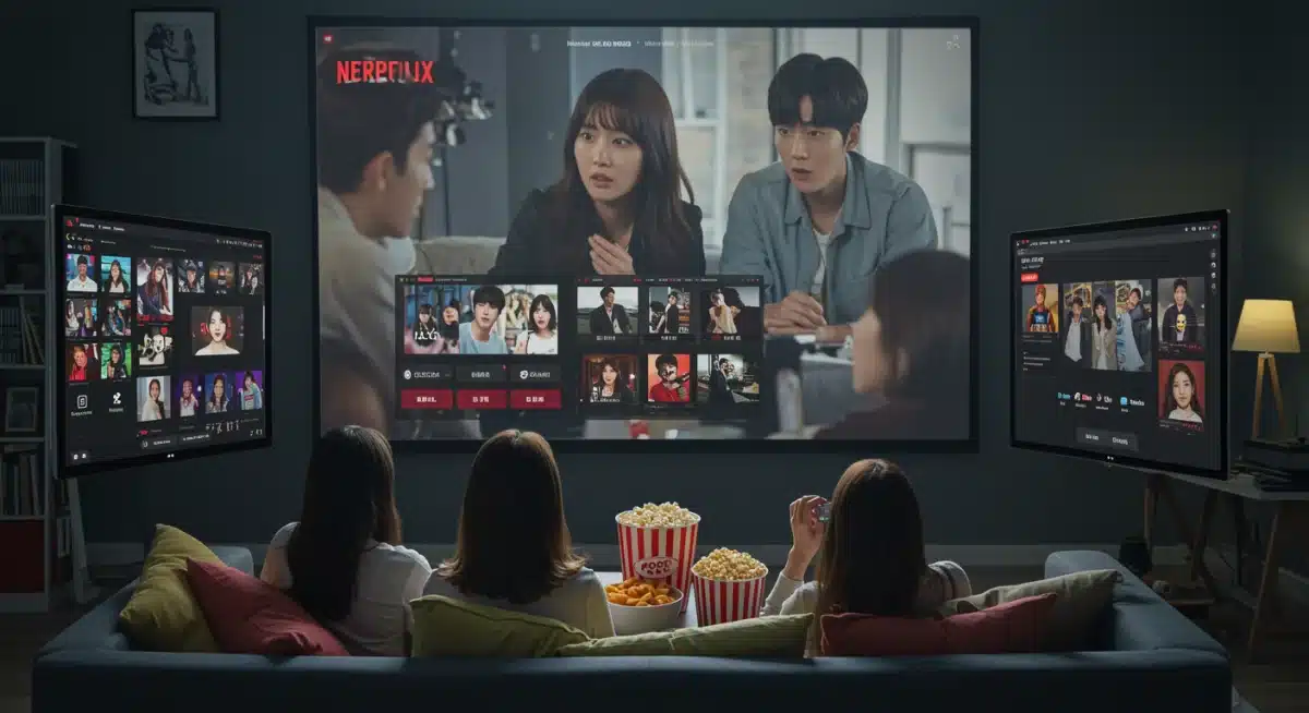 Diverse group watching K-drama on a streaming platform, highlighting global audience engagement.