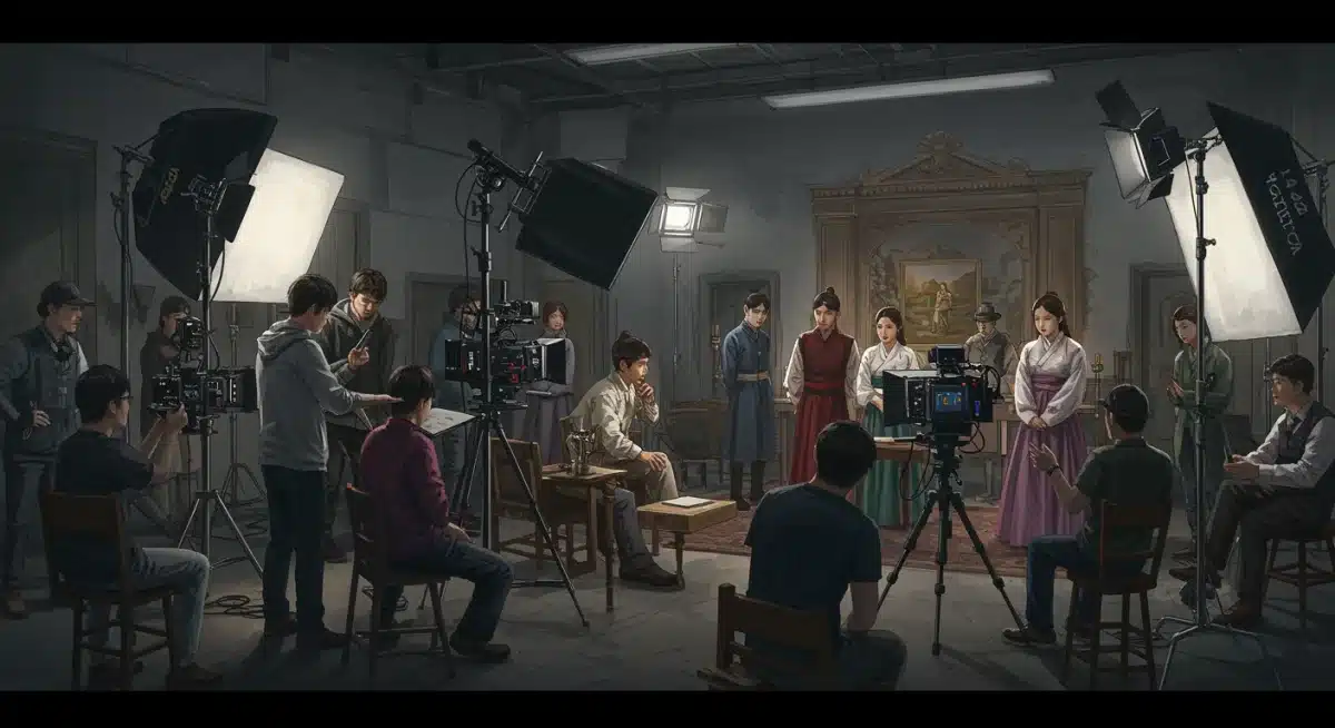 K-drama production set with actors in period costumes filming a dramatic scene