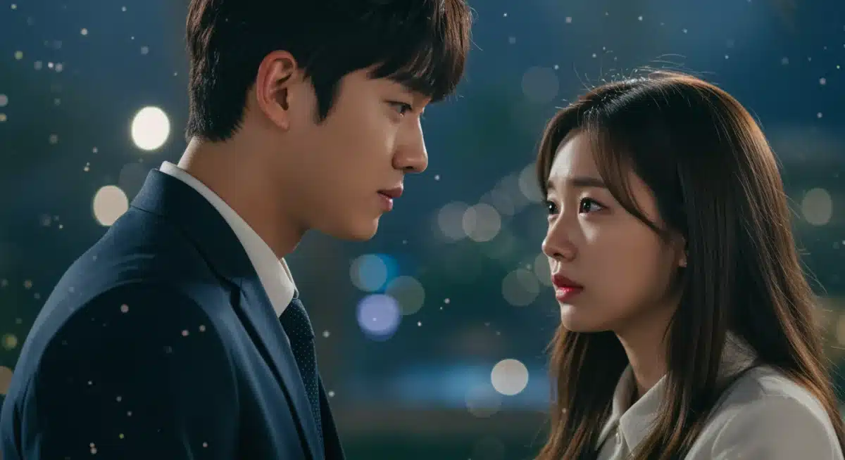 K-drama stars in a romantic fantasy scene, conveying deep emotion and anticipation.