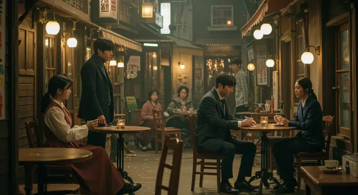 Behind-the-scenes shot of a K-drama set, actors rehearsing a scene amidst intricate decor.