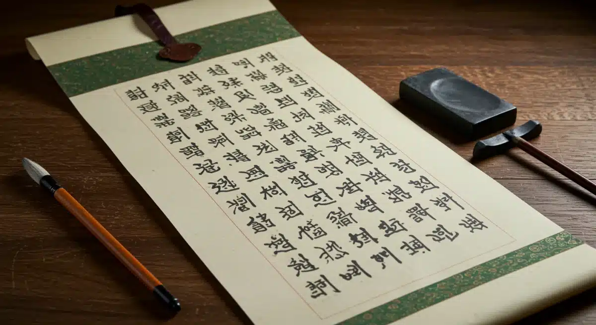 Ancient Korean calligraphy scroll with ink stone and brush, representing historical research in K-dramas.