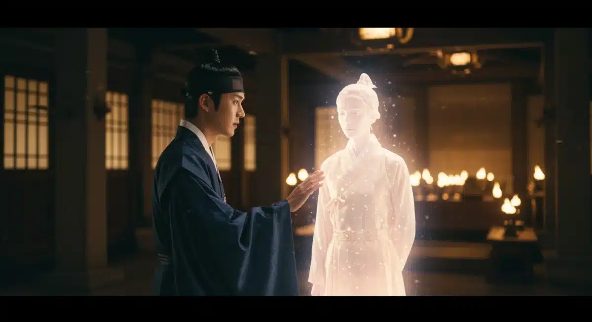 Actor in traditional Korean attire engaging with an ethereal spirit in a historical setting, representing a scene from a supernatural K-drama.
