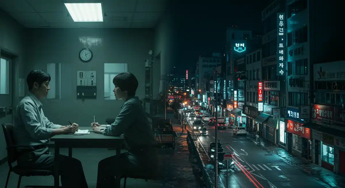Stylized depiction of a police interrogation room juxtaposed with a vibrant city street