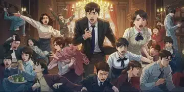 Illustration of dramatic makjang K-drama elements, intense emotions, and chaotic scenes.