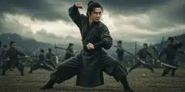 Dynamic martial arts hero in traditional costume, embodying strength and grace.