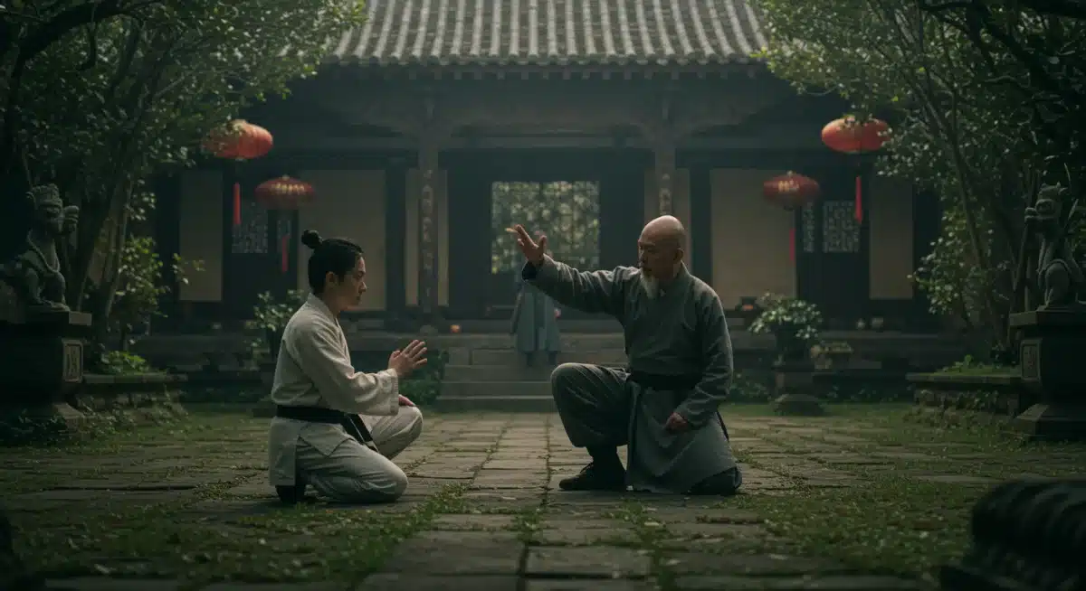 Martial arts master teaching student in ancient temple, representing tradition.