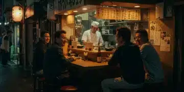 Master preparing food at Midnight Diner counter, cozy Tokyo atmosphere