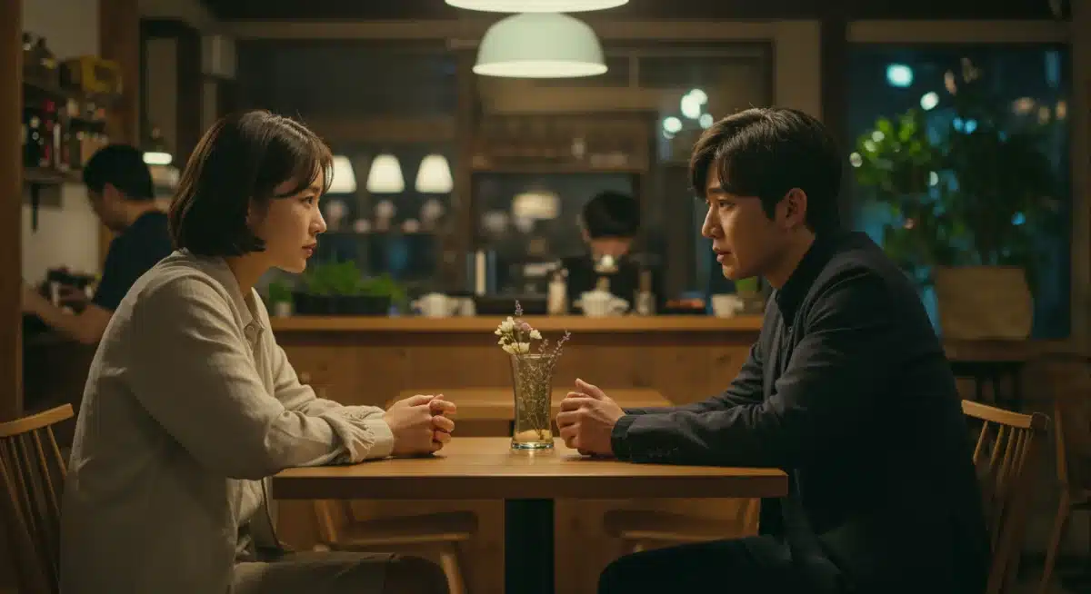 Two characters in a modern Asian drama having a heartfelt conversation in a cafe, highlighting emotional depth.