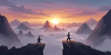 Mystical Wuxia Xianxia landscape with martial artist